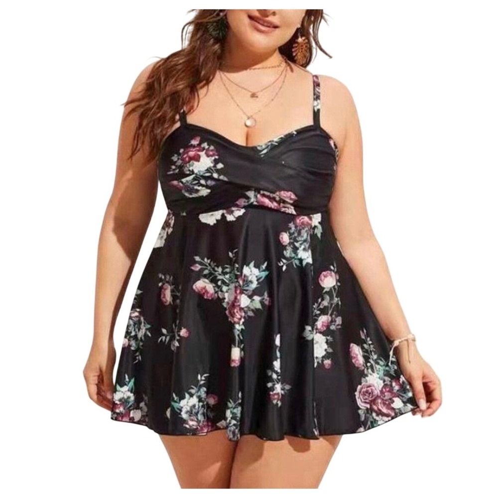 Floral Bathing Suit Size 18W Two Piece Swimdress Shorts Black Pink Plus Size Set